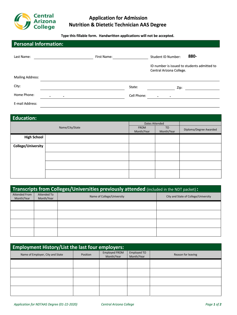 Application for Admission Nutrition & Dietetic Technician  Form