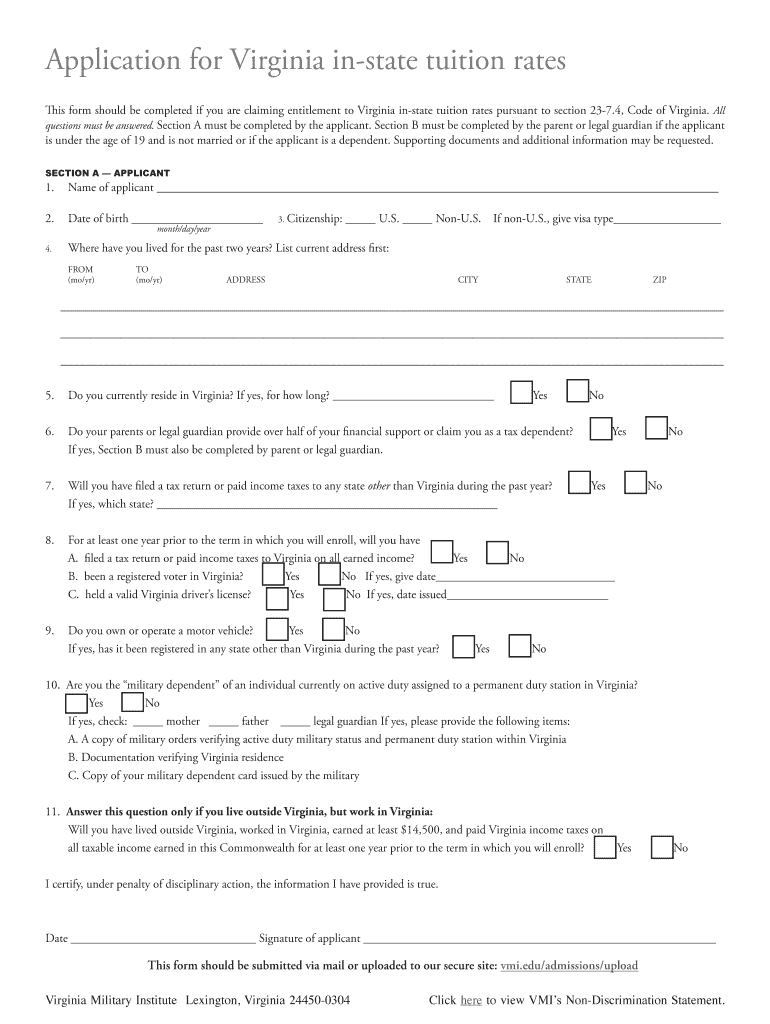 Virginia Application for in State Tuition  Form