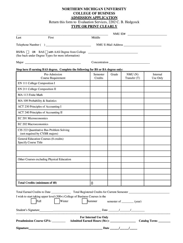 Admission to the CollegeNMU College of Business  Form