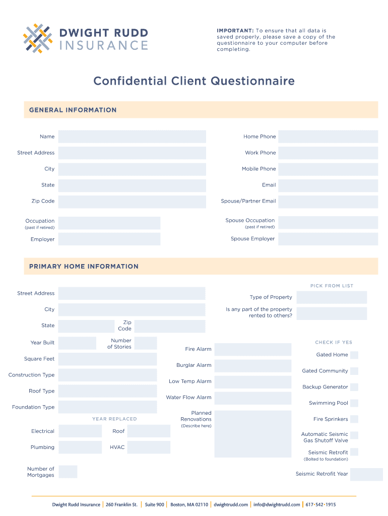 Confidential Client Questionnaire Dwight Rudd Insurance  Form