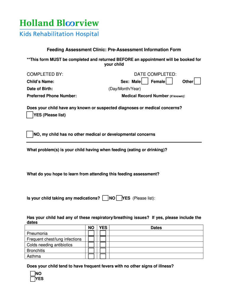 Feeding Assessment Clinic Pre Assessment Information Form