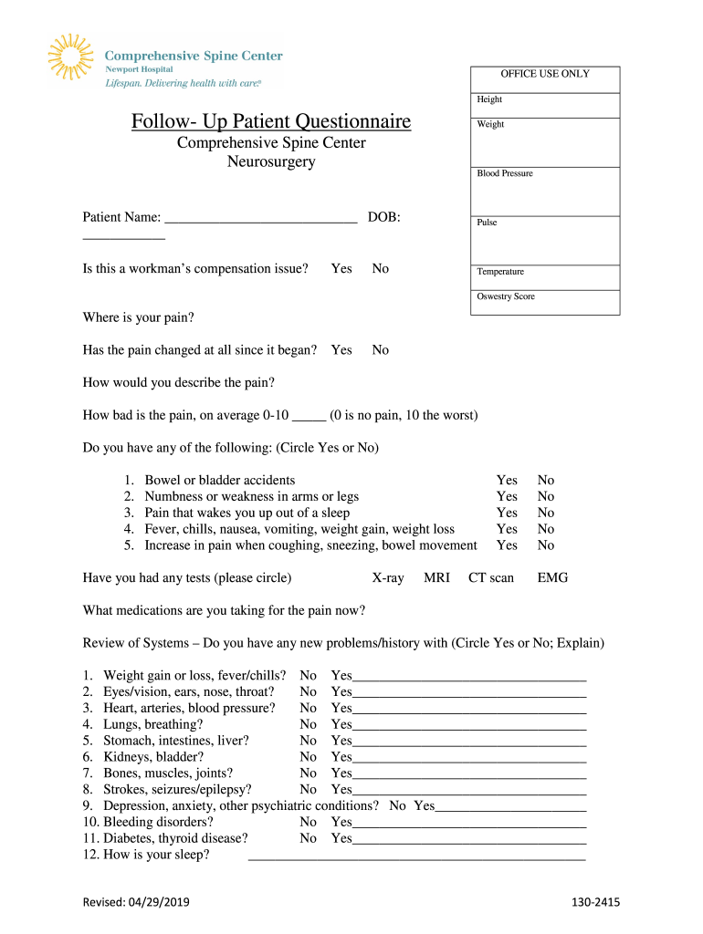 Follow Up Patient Questionnaire for Comprehensive Spine Center at Newport Hospital Comprehensive Spine Center at Newport Hospita  Form