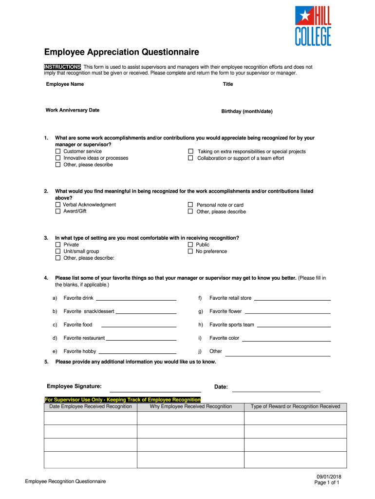 Employee Recognition Questionaire  Form