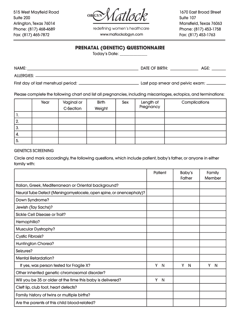 Prenatal Genetic Questionnaire Prenatal Questionnaire  Form