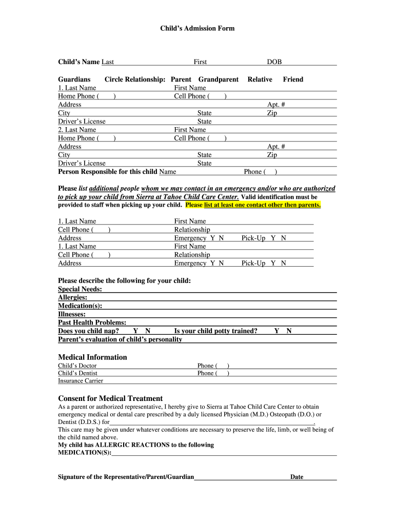 Sierra at Tahoe Child Care Center Child Admission Form Sierra at Tahoe Child Care Center Child Admission Form