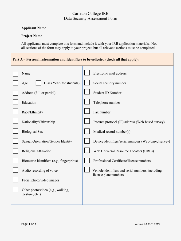 Data Security Assessment Form Institutional Review Board