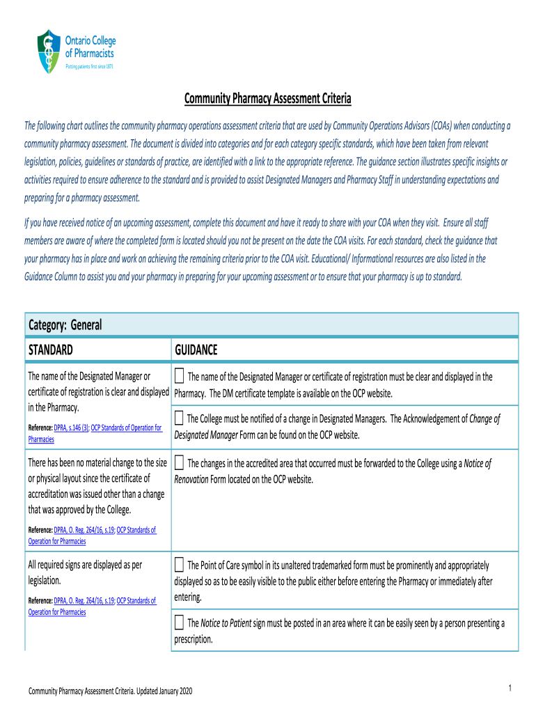  Community Pharmacy Assessment Criteria Ontario College 2020