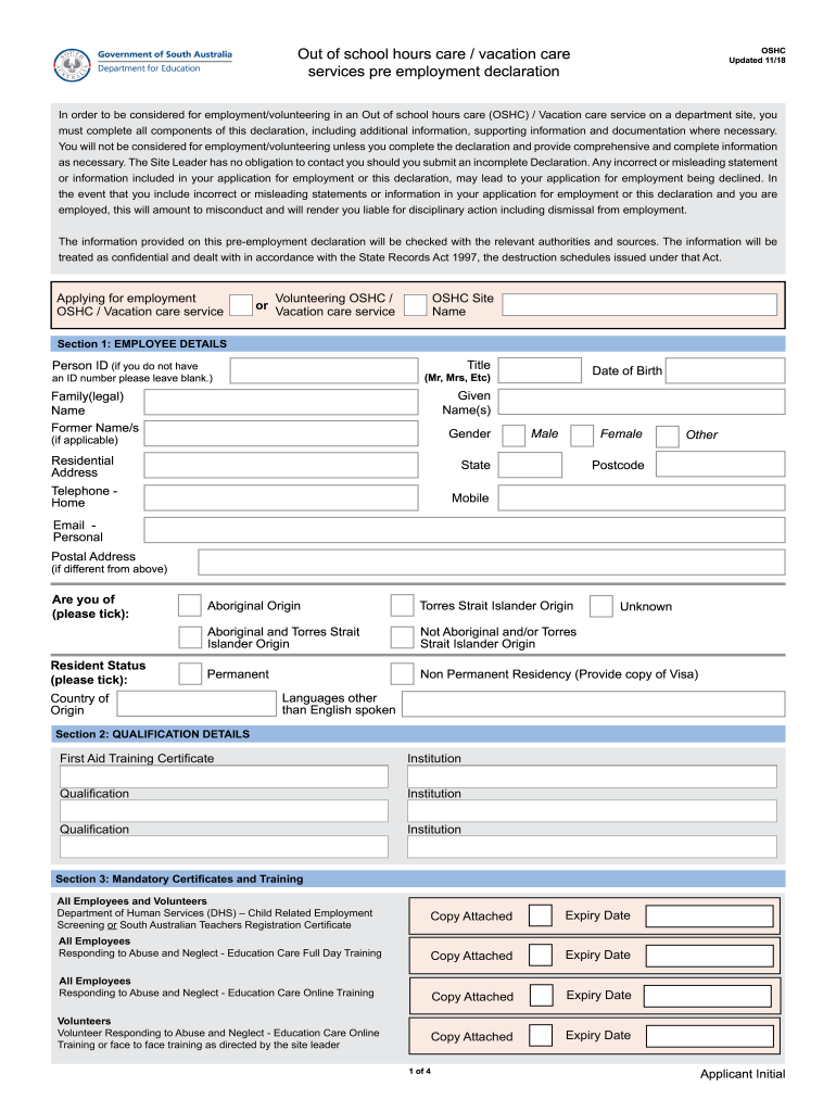 Out of School Hours Care &amp;amp;amp; Vacation Care  Form