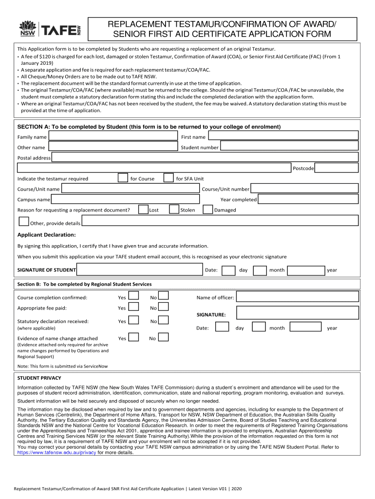  Replacement Testamur Form 2020-2024