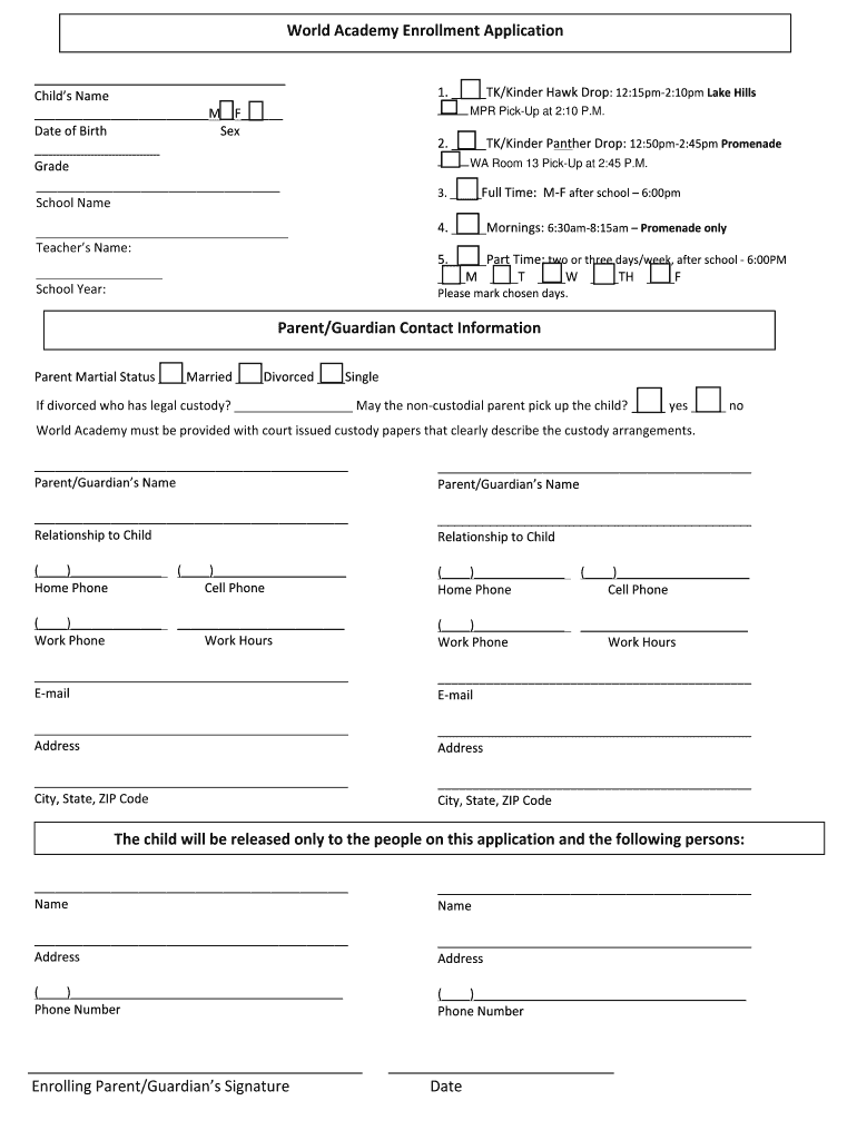 World Academy Enrollment Application ParentGuardian  Form