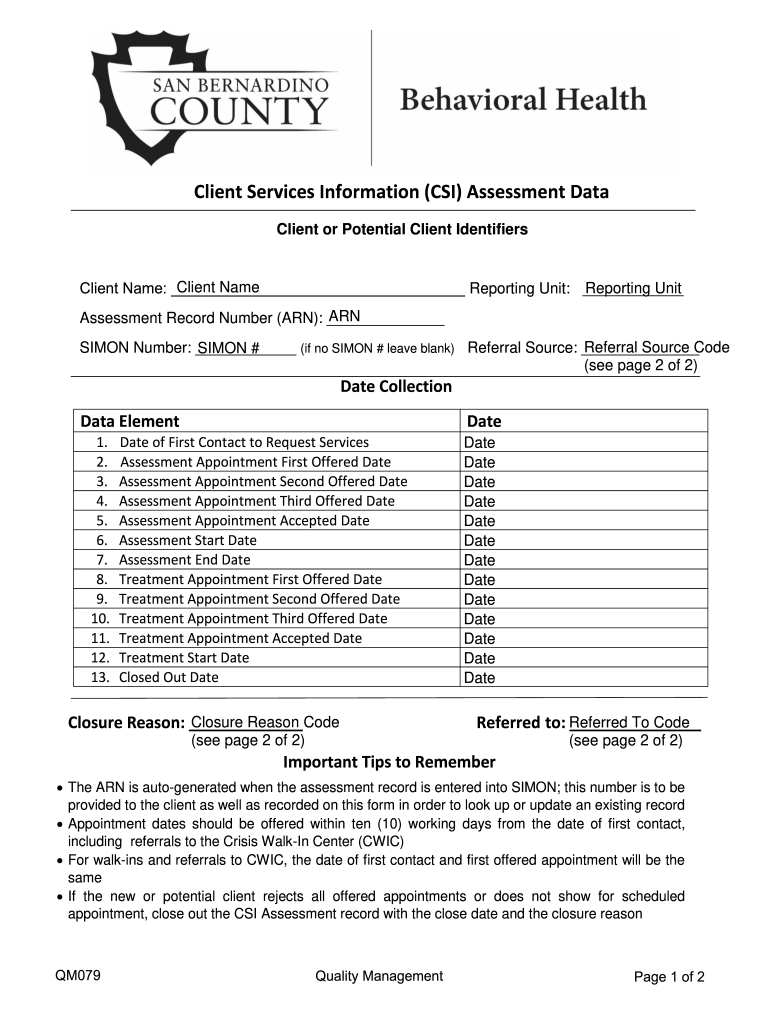 Client Services Information CSI Assessment Data