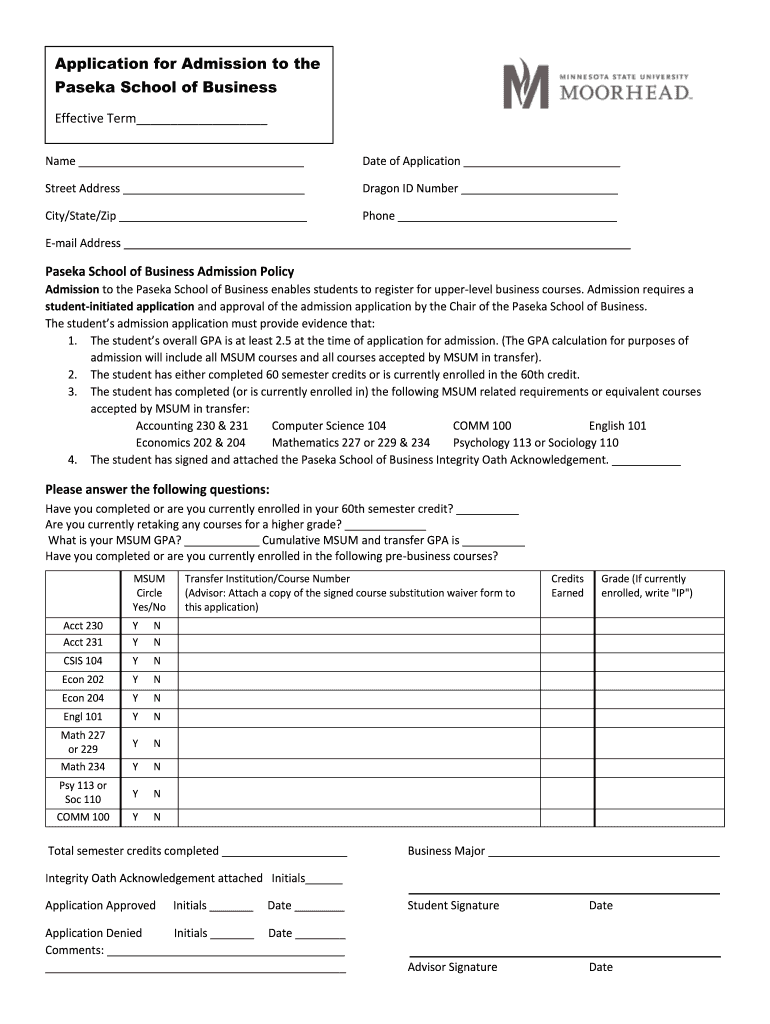 Application for Admission to the Paseka School of Business  Form