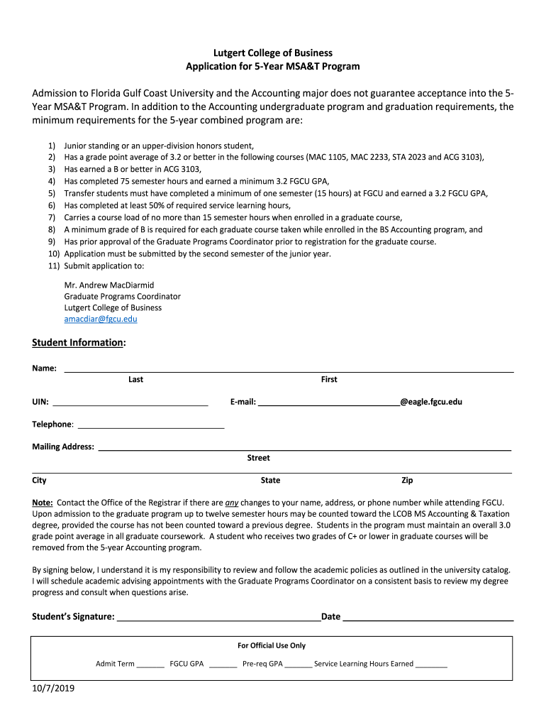 Lutgert College of Business Application for 5 Year MSA&T  Form