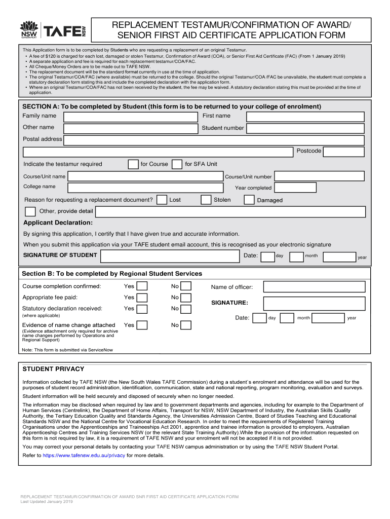  Replacement Testamur or Senior First Aid Certificate 2019