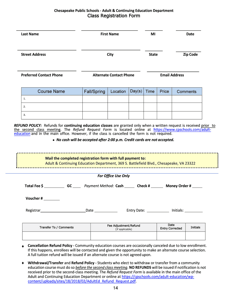 Chesapeake Department of Adult and Continuing Edu  Form
