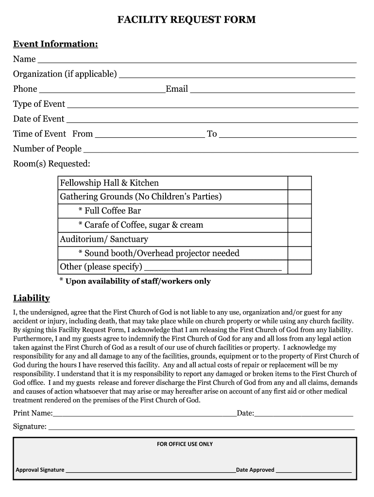 Facility Use Request Form Church Forms, Find Forms
