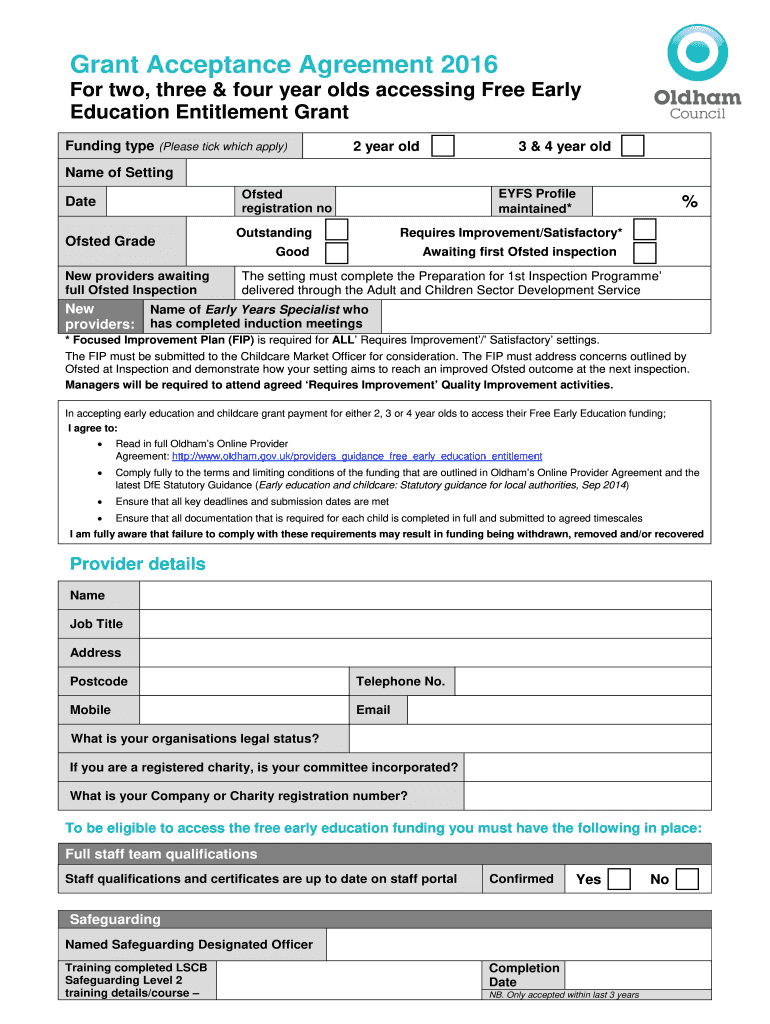 Grant Acceptance Agreement Oldham Council  Form