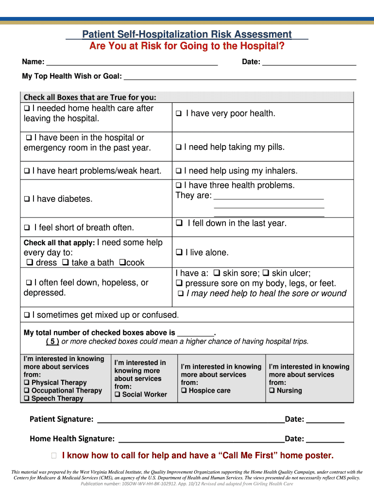 Patient Self Hospitalization Risk Assessment Patient Self Hospitalization Risk Assessment  Form