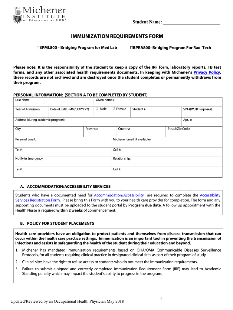 Bridging Entry Immunization Requirement Form Part Time