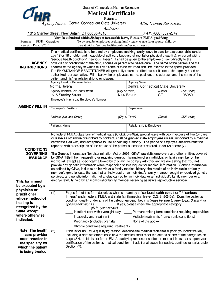 State of Connecticut Human Resources Medical Certificate  Form