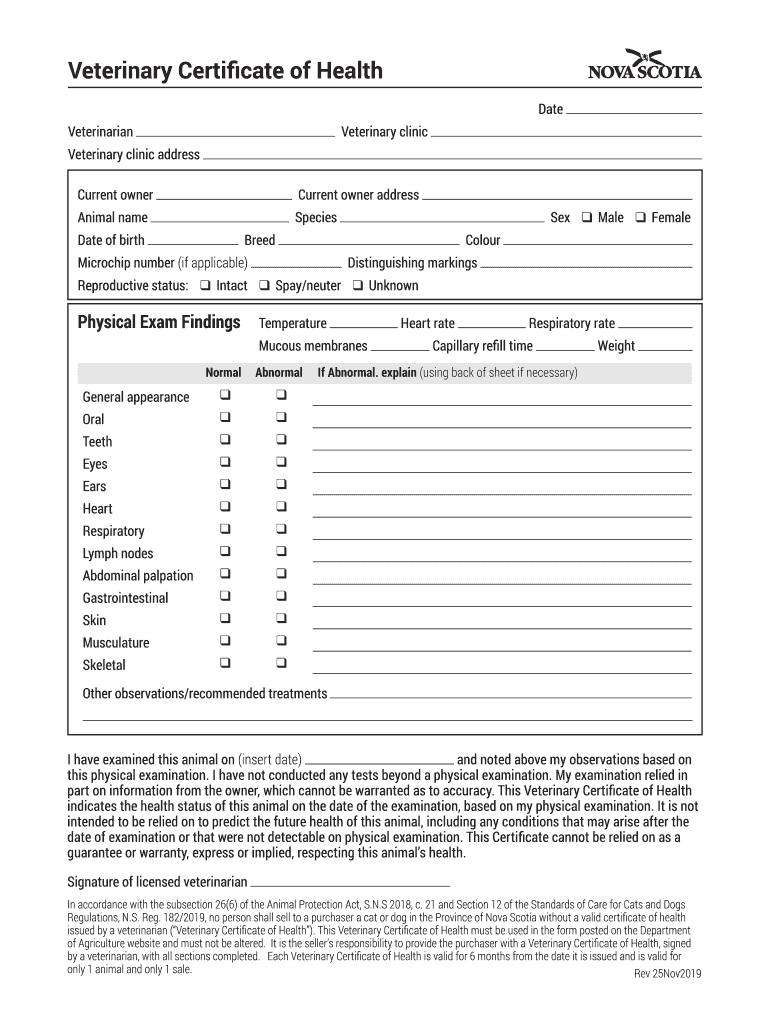 Veterinary Certificate of Health  Form