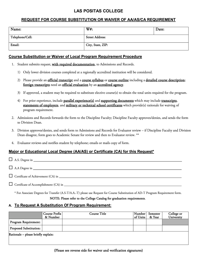 AA as CA Course Substitution or Waiver Form Las Positas