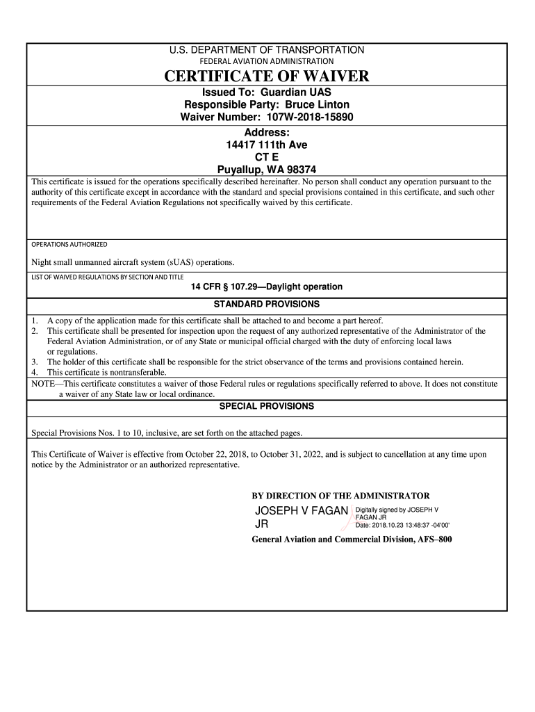 DEPARTMENT of TRANSPORTATION CERTIFICATE of WAIVER or  Form