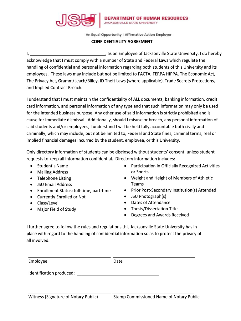 Get and Sign CONFIDENTIALITY AGREEMENT Jacksonville State University  Form