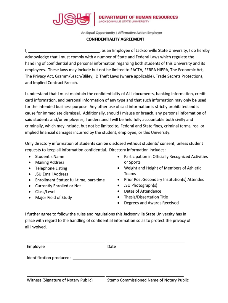 CONFIDENTIALITY AGREEMENT Jacksonville State University  Form