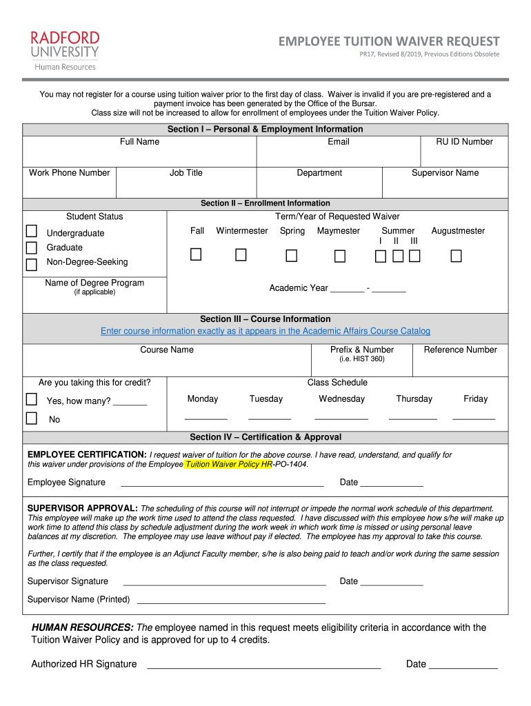 EMPLOYEE TUITION WAIVER REQUEST Radford University  Form
