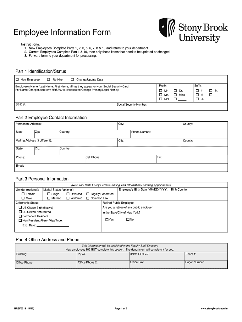 Employee Information Form Stony Brook University