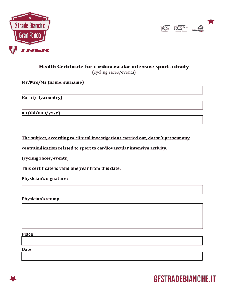 Health Certificate for Cardiovascular Intensive Sport Activity Cycling Races Events  Form
