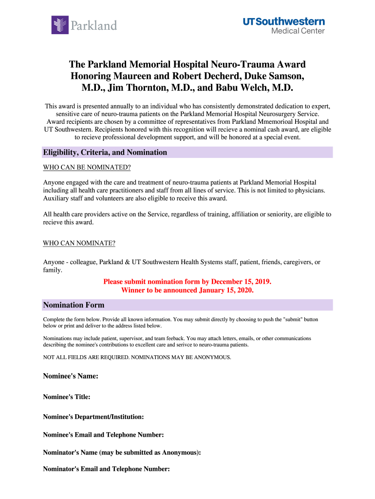 Decherd Parkland Neuro Trauma Award Form