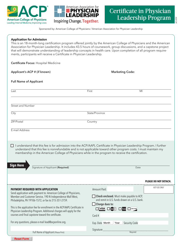 Certificate in Physician Leadership ProgramACP  Form