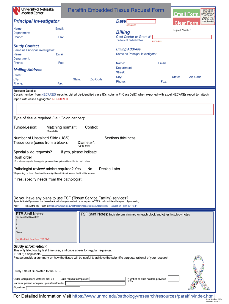 Paraffin Embedded Tissue Request Form UNMC