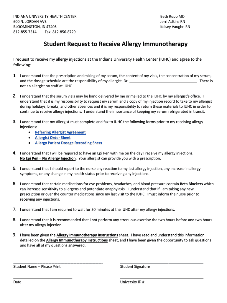 Student Request to Receive Allergy Immunotherapy Student Request to Receive Allergy Immunotherapy  Form