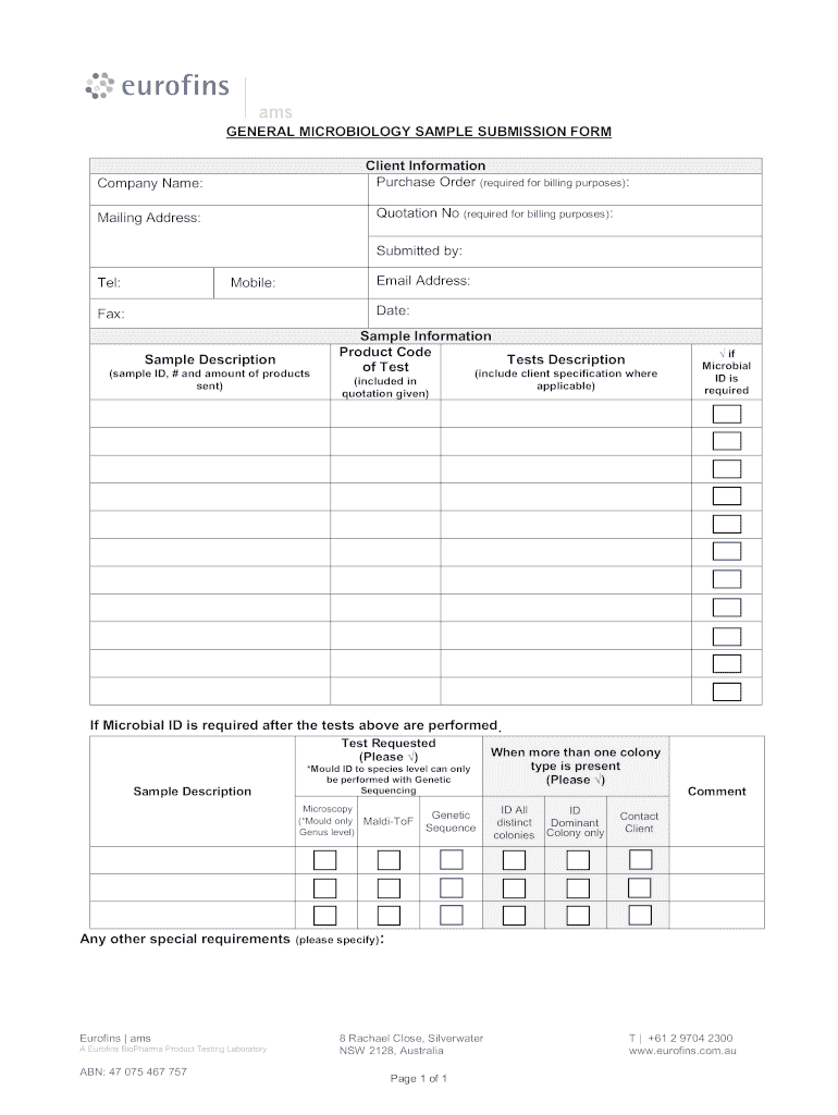 GENERAL MICROBIOLOGY SAMPLE SUBMISSION FORM Client