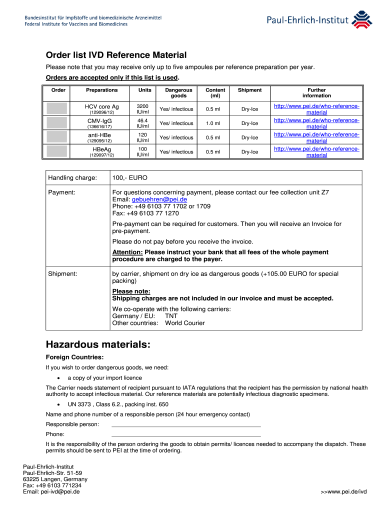 Order List IVD Reference Material Paul Ehrlich Institute  Form