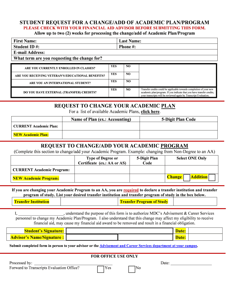  Student Request for a ChangeAdd of Academic PlanProgram 2020-2024