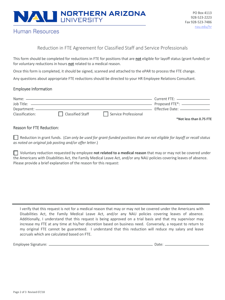 FTE Reductions Northern Arizona University  Form