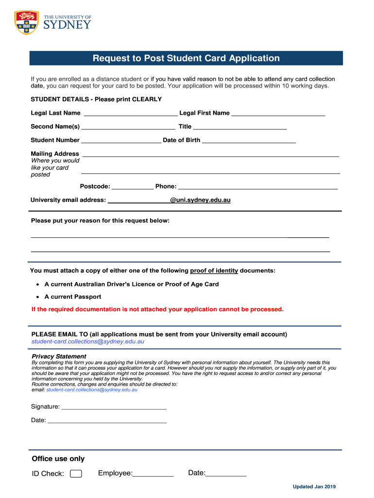 Request to Post Student Card Application University of Sydney  Form