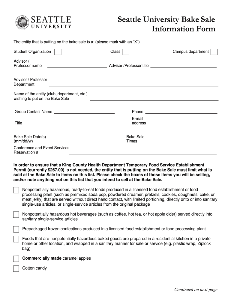 Seattle University Bake Sale Information Form