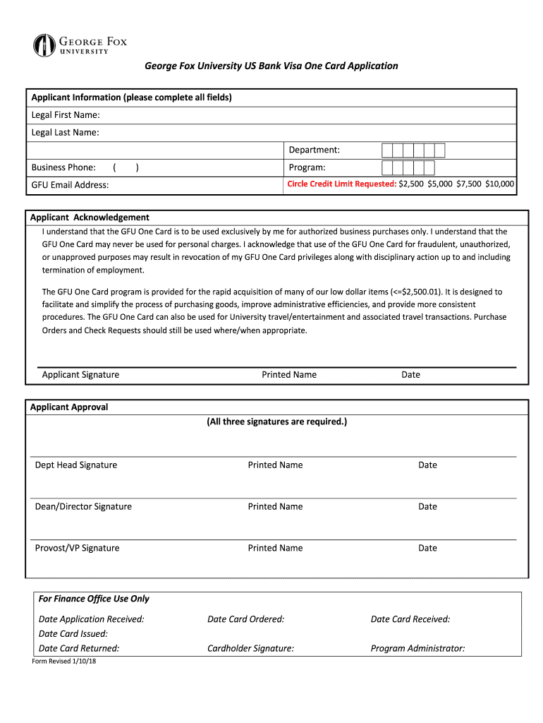 George Fox University US Bank Visa One Card Application  Form