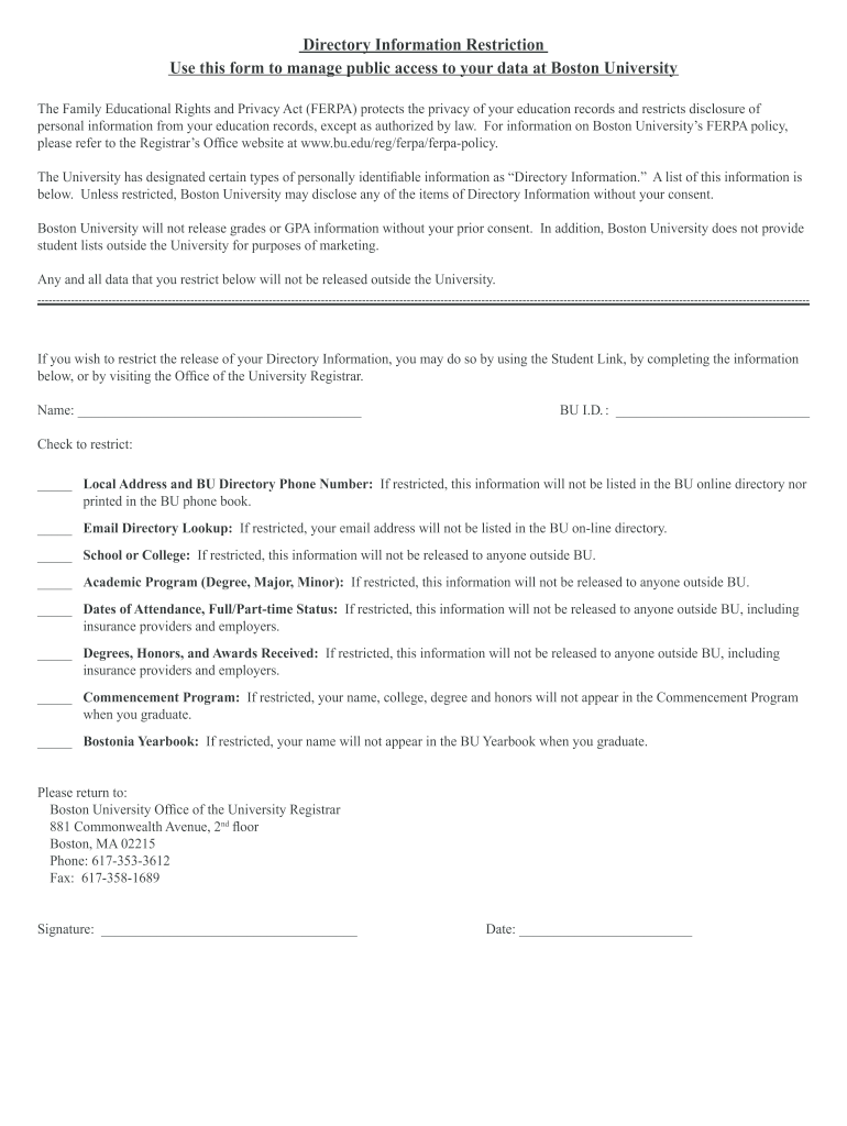  Directory Information Restriction Use This Form to Manage 2019-2023
