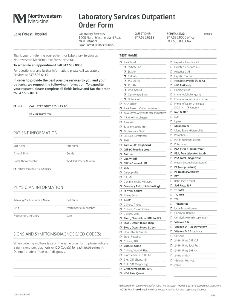 Laboratory Services Outpatient Order Form Northwestern