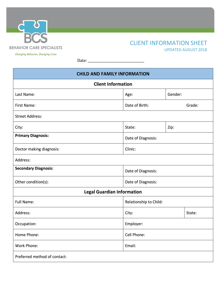 Client Information Sheet Behavior Care Specialists