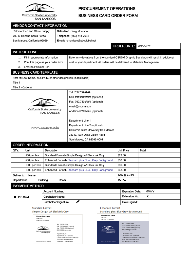 Procurement Operations Business Card Order Form CSUSM