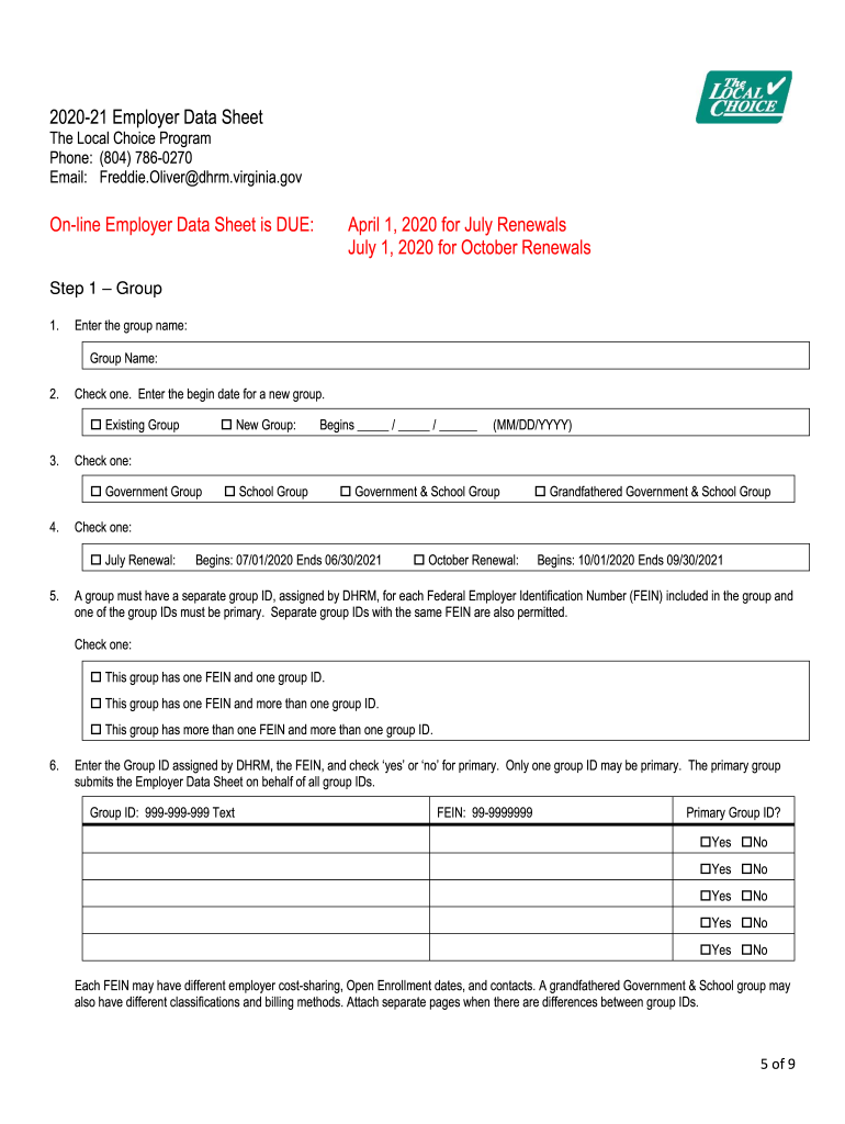 Get and Sign 20 Employer Data SheetWorksheet the Local Choice 2020-2022 Form