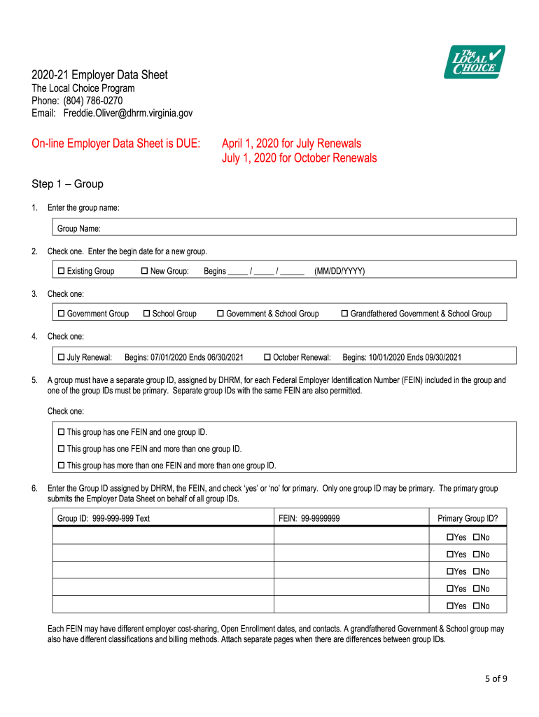  20 Employer Data SheetWorksheet the Local Choice 2020