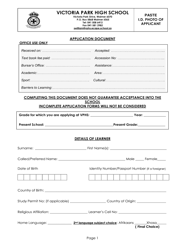 Victoria Park High School Application Form